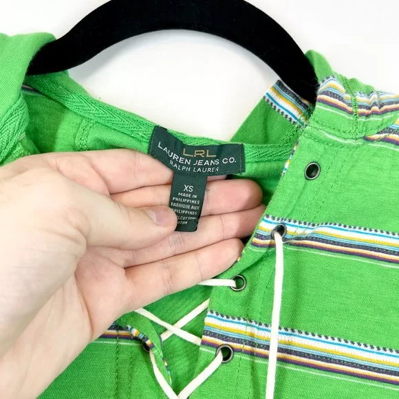 Lauren Ralph Lauren Jeans Co. Women's Green Striped Lace-up Hoodie Top Size XS - Picture 2 of 4